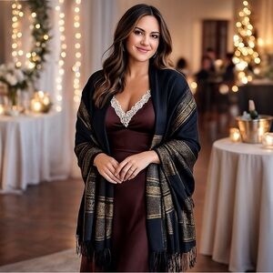 Handmade Guatemalan Lightweight Scarf Black & Gold Metallic‎ Paisley Wrap Shawl